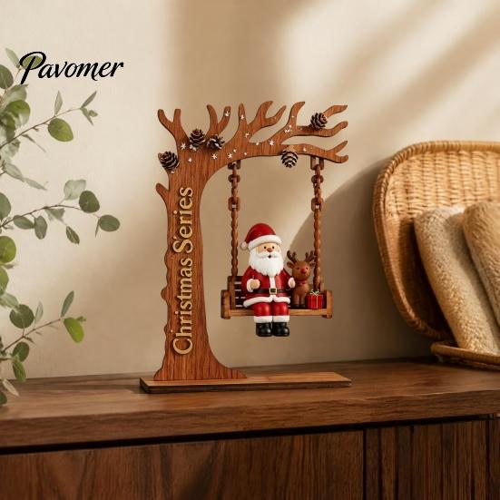 Unique Wood Craft Gift Wooden Swing Ornament with Santa Claus/Bear for Christmas, Tabletop Natural Grain Ornaments Claus Figurine Home Living