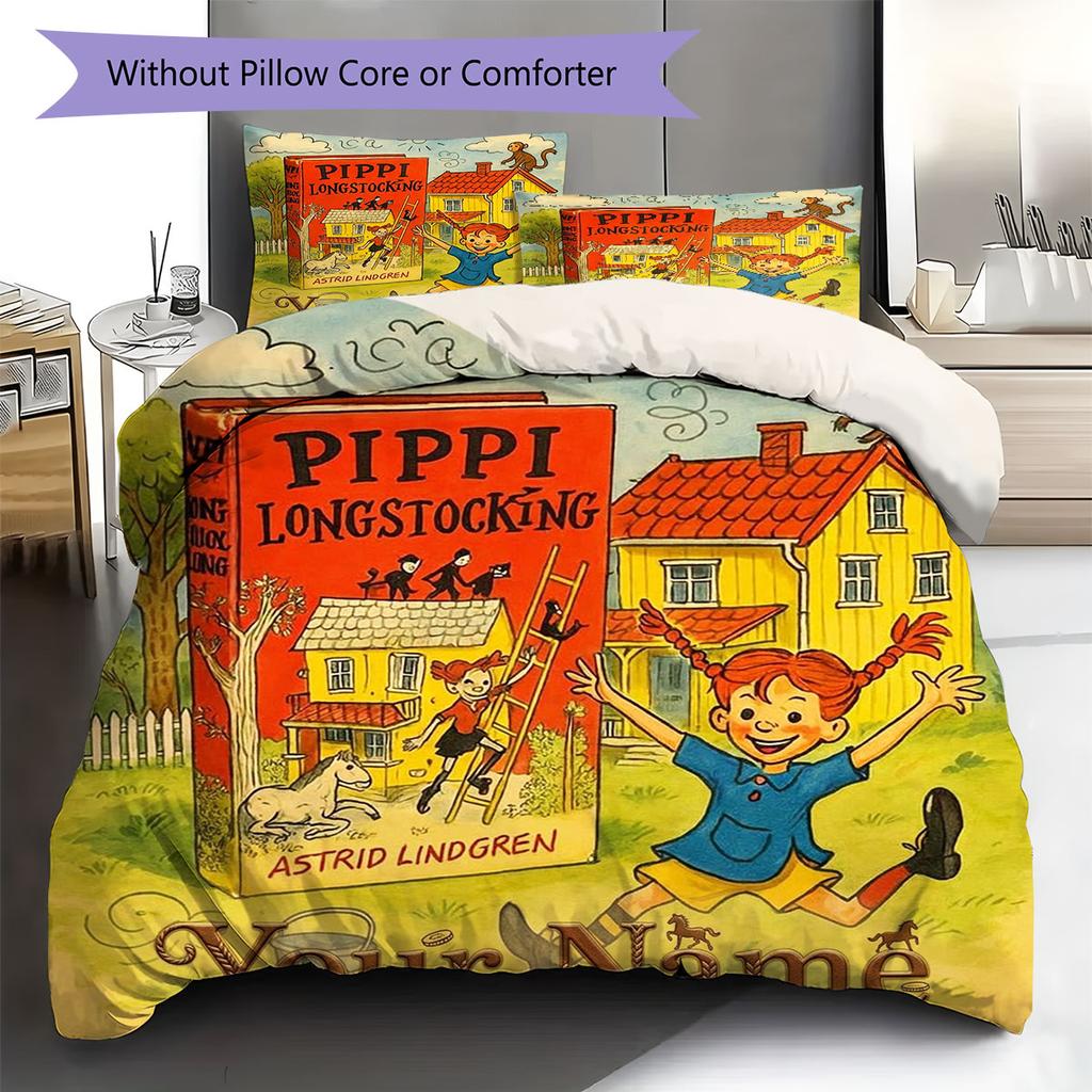 Pippi Longstocking Custom Name Pattern Bedding,Quilt Set Quilt Cover Pillowcase Home Birthday Gift(1 * duvet cover + 2 * pillowcase, without core)