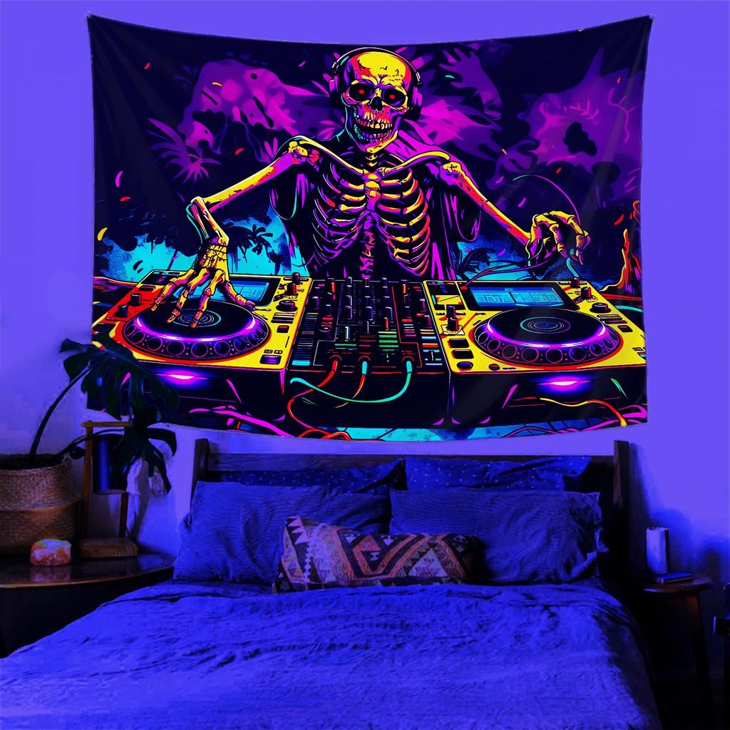 DJ Skull Wall Hanging, American Vintage Punk Style Decor, Party Trendy Cool Space Renovation Tapestry, Room Decor