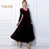 Women Evening Dress Golden Velvet V Neck Pleated A-line Pure Color Long Sleeves Full Length Dress High Waist Prom Party Maxi Dress