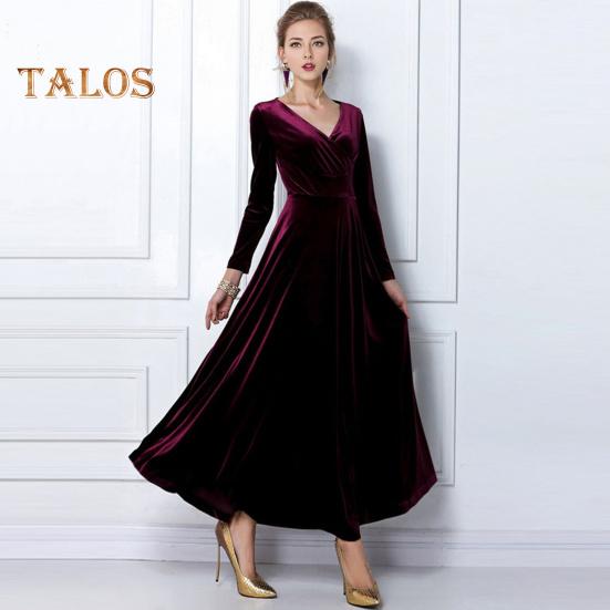 Abendkleid für Damen, goldener Samt, V-Ausschnitt, plissiert, A-Linie, reine Farbe, lange Ärmel, langes Kleid, hohe Taille, Abschlussball, Party, Maxikleid