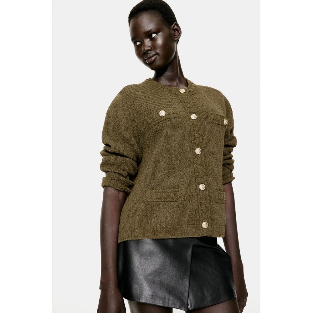 

H M Textured Knit Cardigan Dark kHaki Green