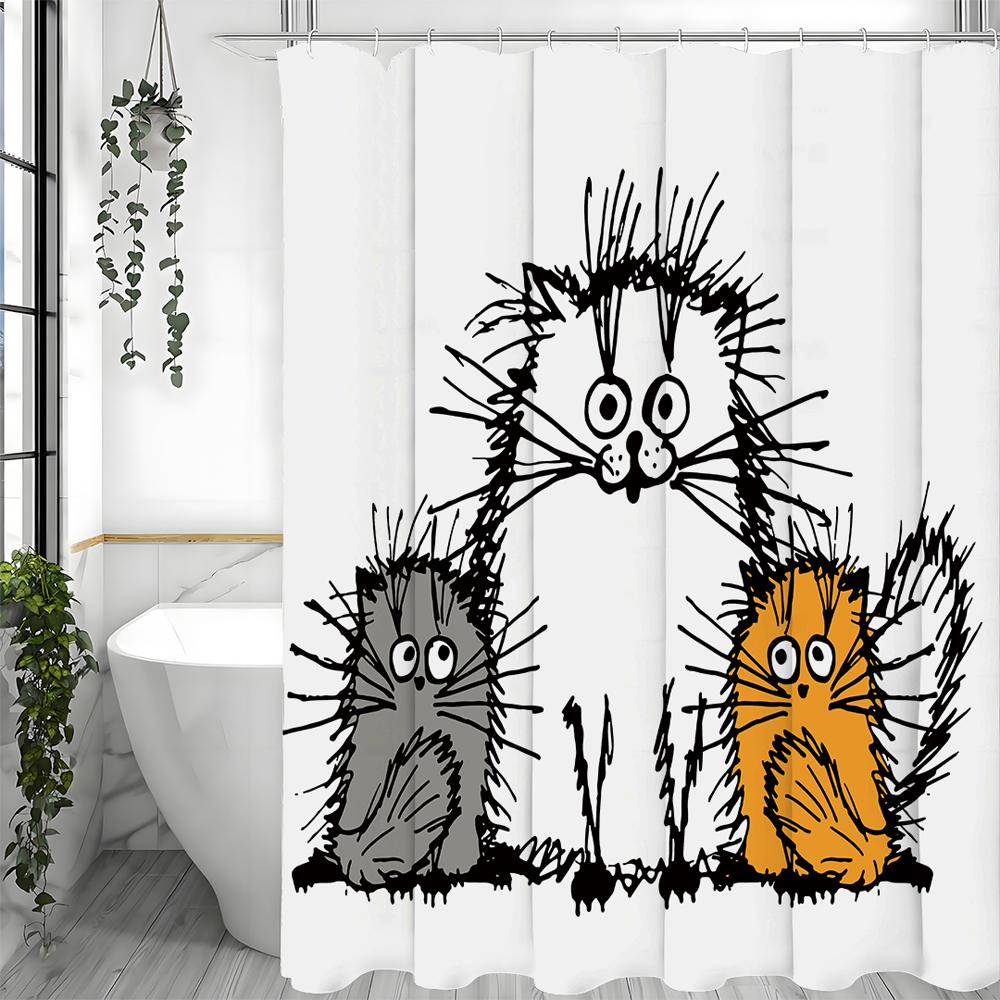 Messy Scribble Kitten Shower Curtain, Bathroom Decorative Shower Curtain, Waterproof Shower Curtain with Hooks