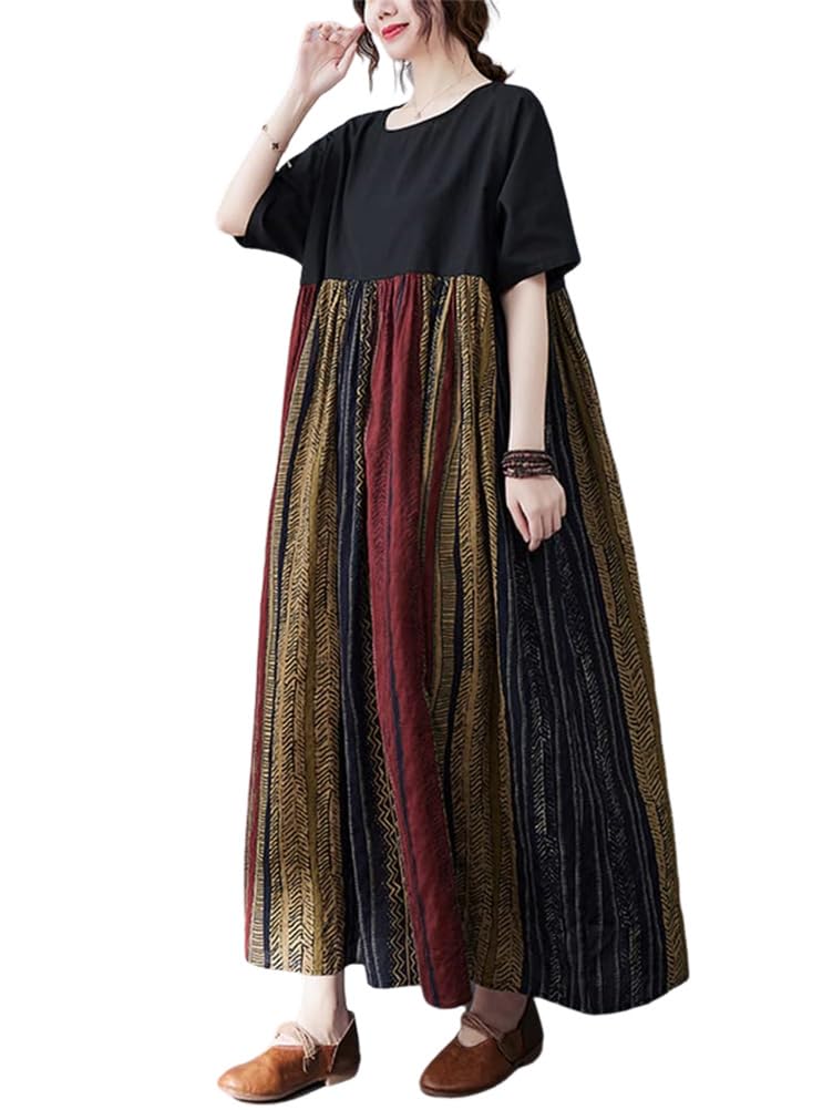 Minesam Summer Floral Print Short Sleeves Free Women's Dress, Two-Tone Design, Oversized, (01 Coffee, Size)