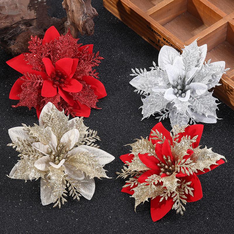Gold Glitter Christmas Flower Vine Garland for Doors and Windows