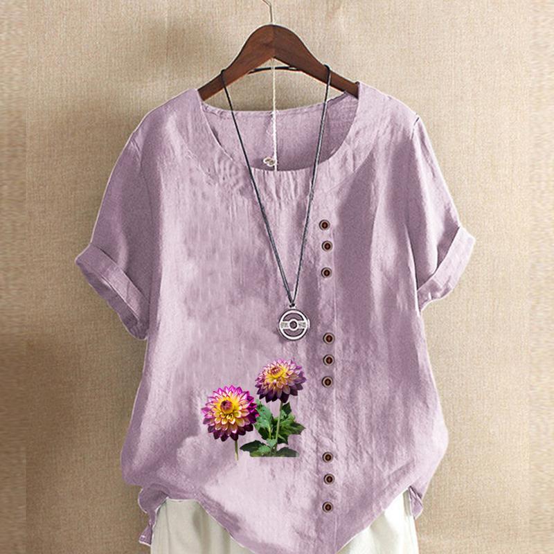 Damenmode Blumen bedrucktes Rundhals-Kurzarm-T-Shirt, lässiges Baumwoll-Leinen-Grafik-Shirt, Freizeit, lockere Sommerbluse, Tops