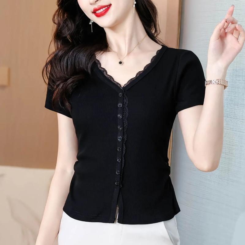 Womens Black Lace Trim V Neck Short Sleeve Knit Top M