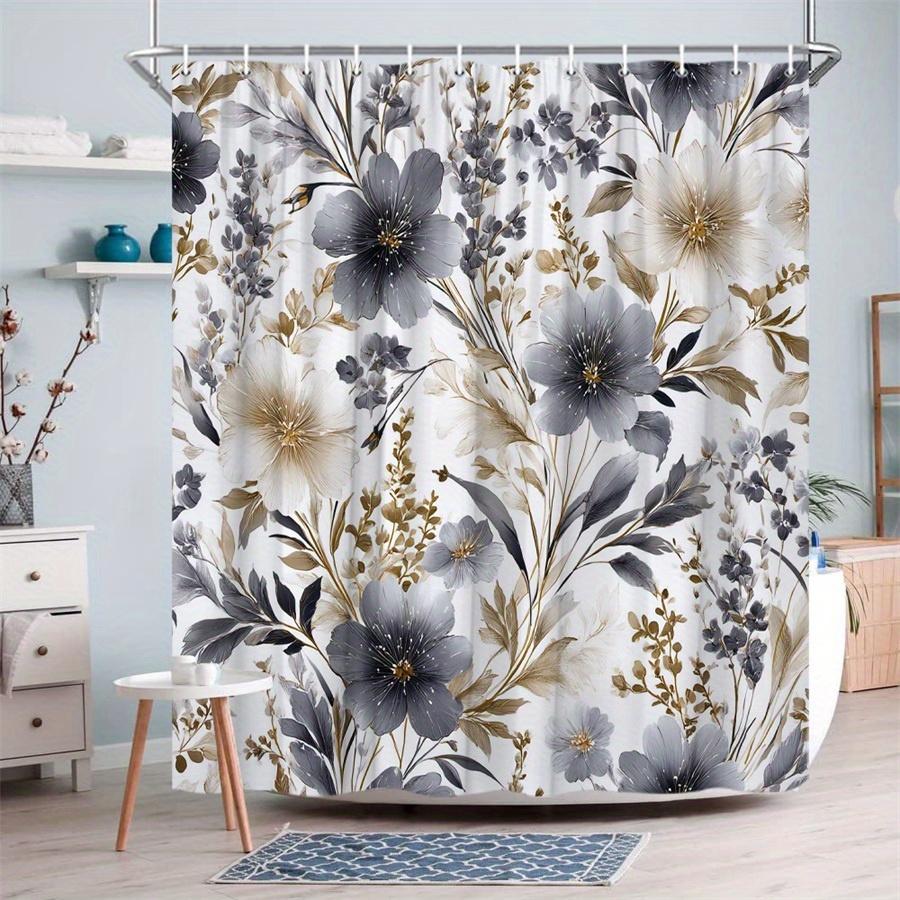 1 Grey Beige Floral Shower Curtain, Elegant Off-White And Beige Flowers With Dark Flowers And Delicate Leaves, With Hook