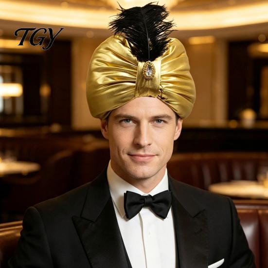 Halloween Party Costume Accessory Unisex Arab India Turban Hat, Golden Sultan Hat with Gem And Stage Drama Performance Prop Feather, Novelty