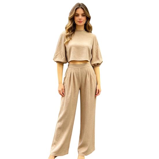 

Yousheng Women s 2 Piece Outfits Mock Neck Puff Sleeve Crop Top And High Waist Wide Leg Pants Lounge Matching Set with Pockets XXL абрикосовий
