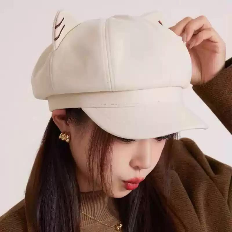 Japanese Style Cute Woolen Cat Ear Beret For Women Autumn And Winter Duckbill Octagonal Hat