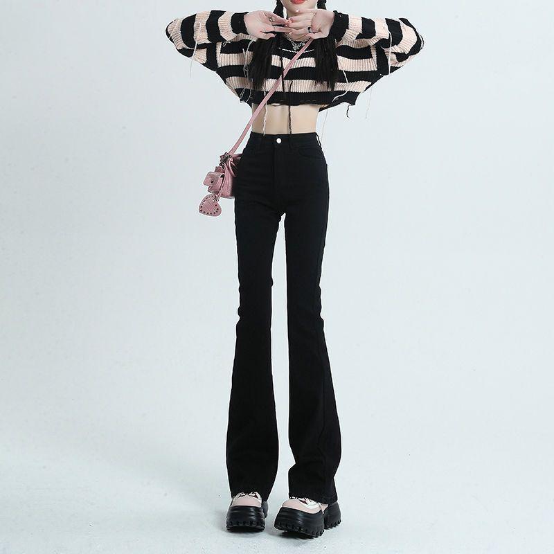 Women s Black Velvet High-Waisted Micro-Flare Jeans - 2025 Autumn/Winter Stretchy Slim-Fit S