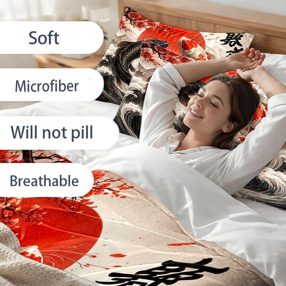Japanese Artistic Koi Fish Wave Print Duvet Cover Set 3Pc Bedding with 2 Pillowcases Invisible Zipper Machine Washable