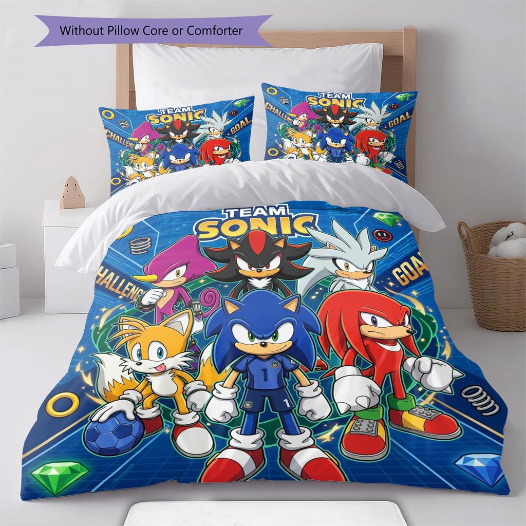 Sonic Hedgehog Pattern Bedding Quilt Set Quilt Cover Pillowcase Home Birthday Gift(1 * Duvet Cover + 2 * Pillowcase, Without Core)