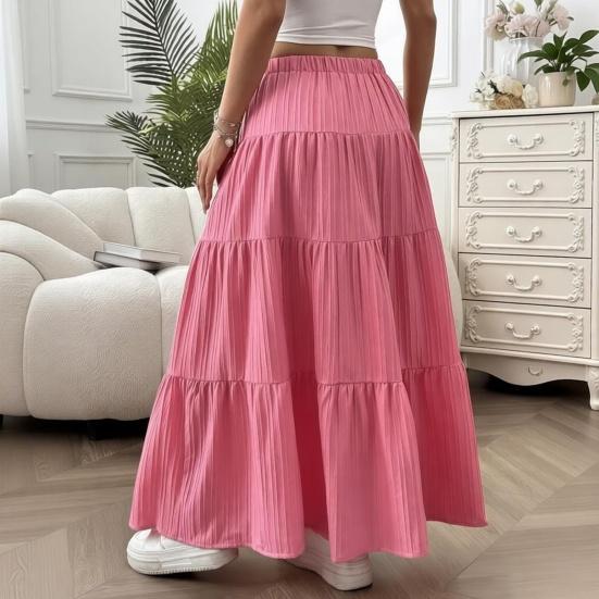 Women Long Skirt Spring Summer Middle Waist A Line Flowy Swing Skirt Breathable Solid Color Elastic Waist Drawstring Pleated Casual Skirt