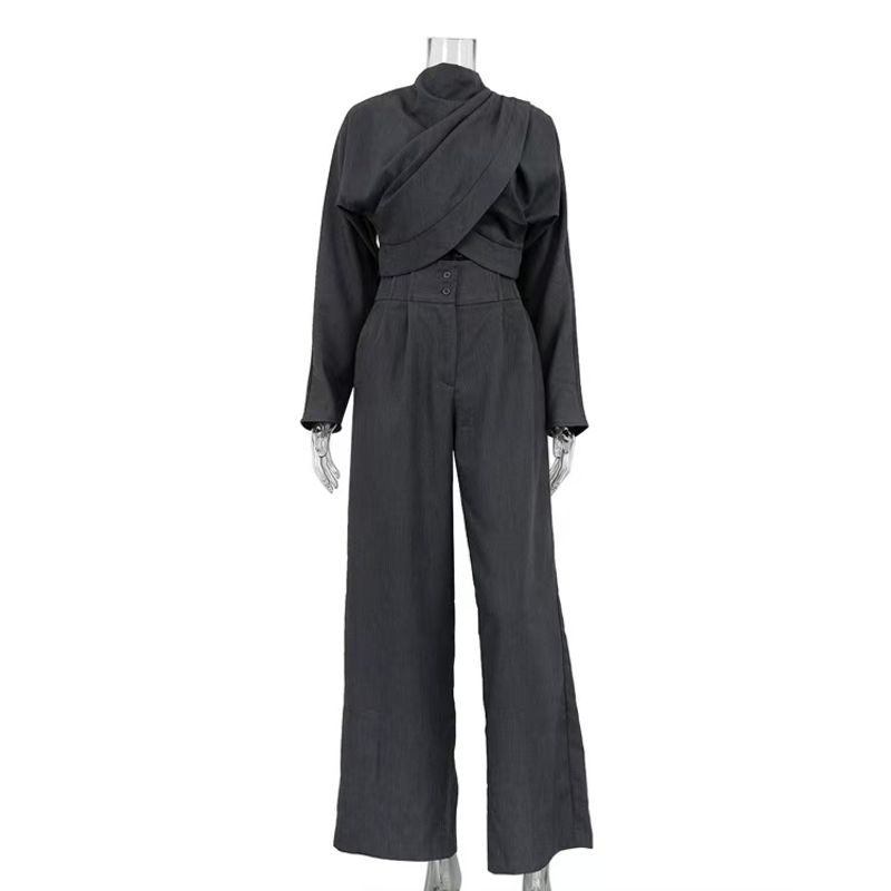 

Европейская и американская мода Водолазка с перекрестным дизайном Комплект топ и брюки Модный комплект топ и брюки Grey L