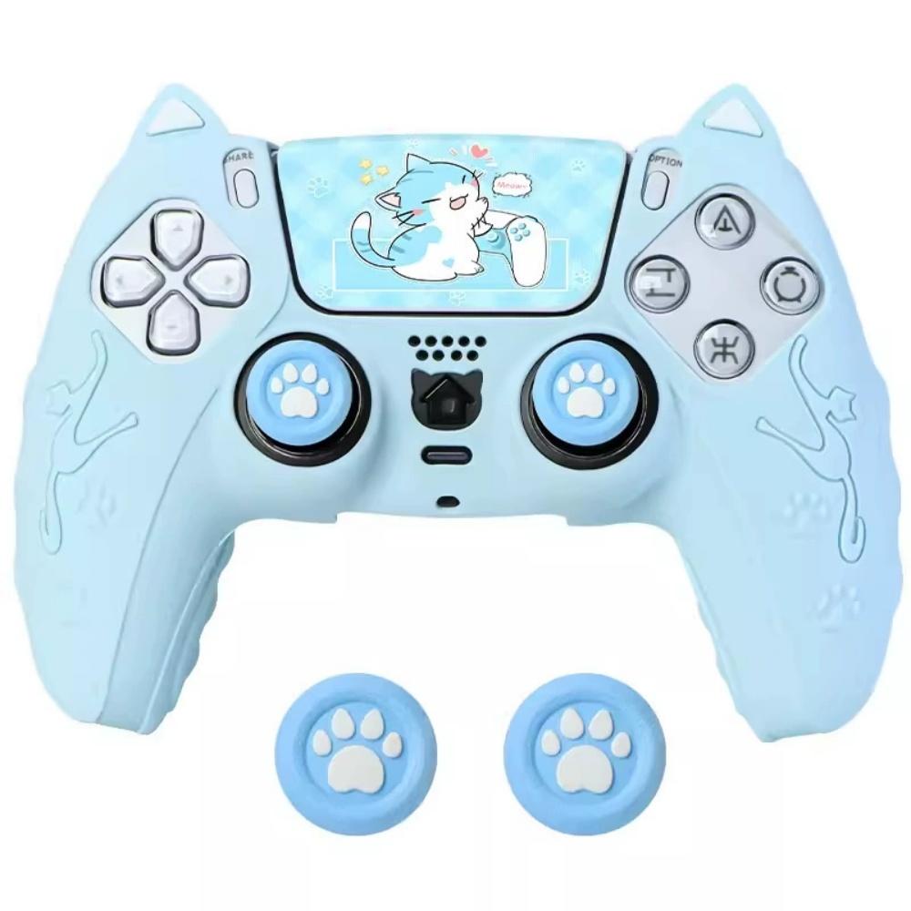 Uroczy Kot Silikonowy Miękki Naklejka Ochronna Skin Na Kontroler Playstation 5 PS5 Nakładka na Drążek Kciuka Pokrowiec Silikonowy niebieski