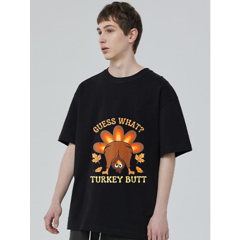 Schwarzes T-Shirt mit Truthahn-Hintern-Cartoon-Druck und Text Rate mal Truthahn-Hintern Thanksgiving-Thema Freizeitkleidung für Männer und Frauen