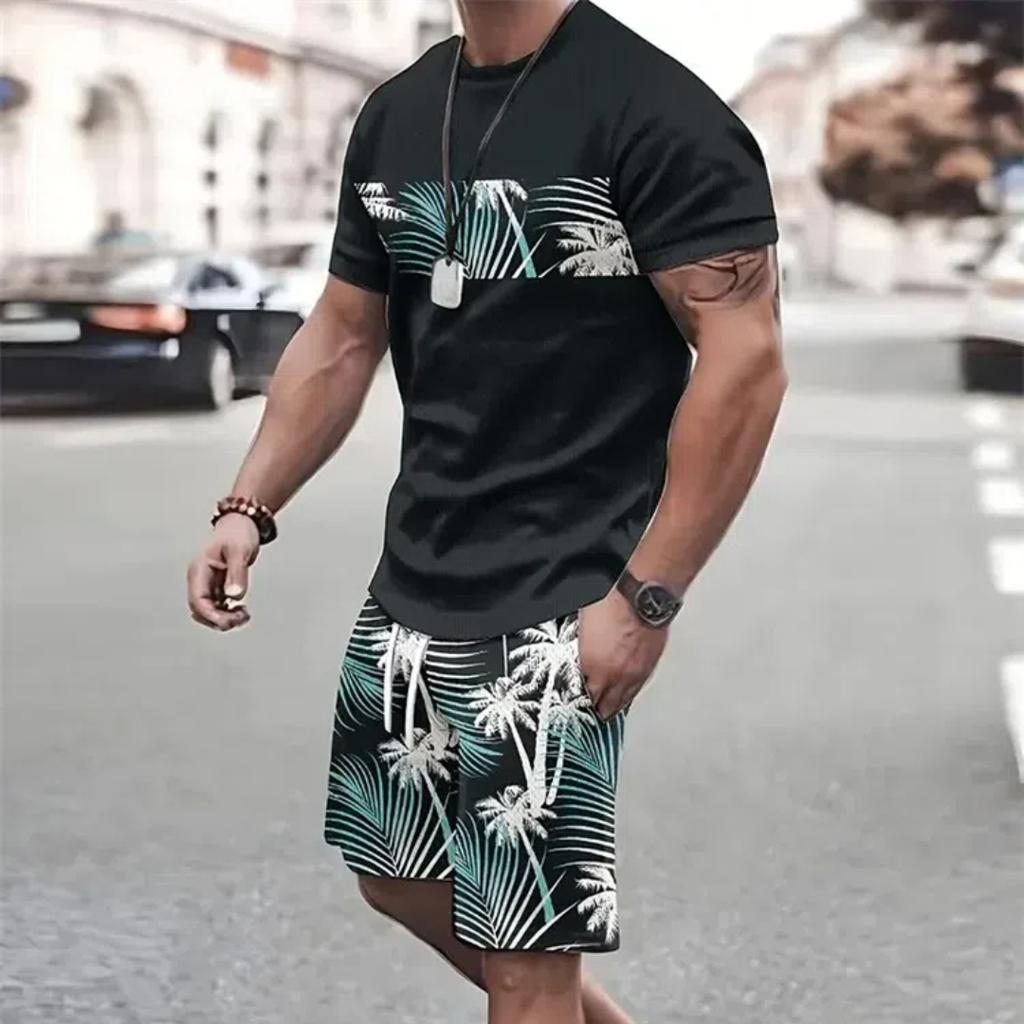 Letný módny set trička a šortiek Vysoký temperament Street Pánsky Pánsky 3D Krátky rukáv Voľný top Gradientný štýl s potlačou kokosu