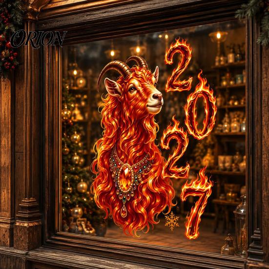 Chinese New Year Party Supplies 2027 of Goat Window Cling, Lunar Zodiac Glass Removable Clings Sticker, Flame Style Spring Festival Door Decor