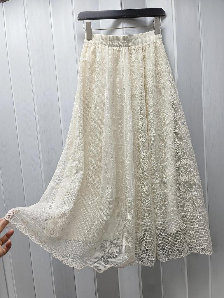 Mori-Stil Mehrfach-Spitzen-Häkel-Patchwork Midi-Rock - 2026 Frühjahrsbeginn Koreanischer A-Linien-Rock