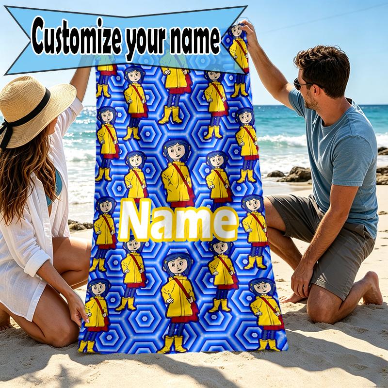 Custom Name Personalized Coraline Print Beach Towel, for Trip Camping Beach Party Home Decor, Birthday Gift for Family & Friends