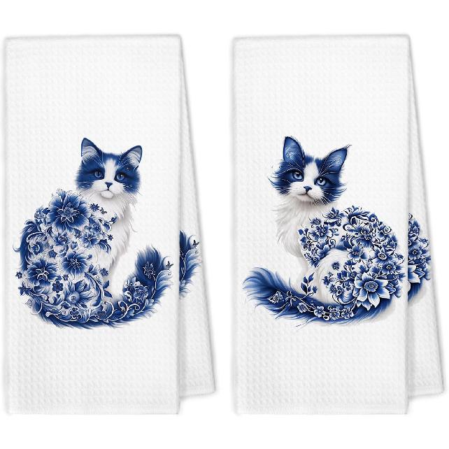 Flower Cat Kitchen Towels Set of 2, Floral Cats Mom Towels for Cat Lovers Women Girls Dish Hand Tea Towel, Cute Light Blue and White Chinoiserie
