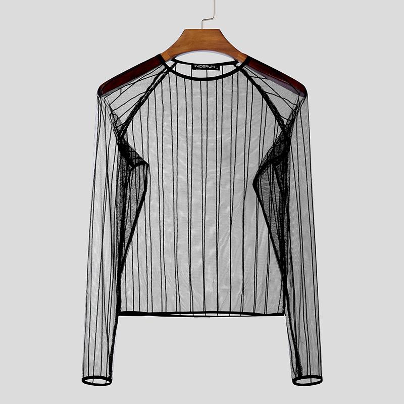 INCERUN Men Long Sleeve Mesh See Through Skinny T-shirts Partywear Clubwear
