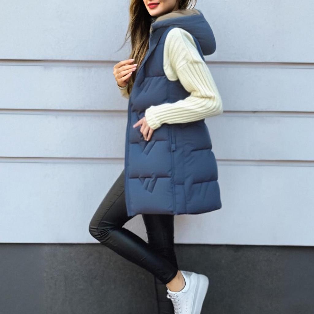 Women's Long Vest Plain Sleeveless Hood Winter Vest Outwear Jacket Lightweight Warm Coat Outerwear