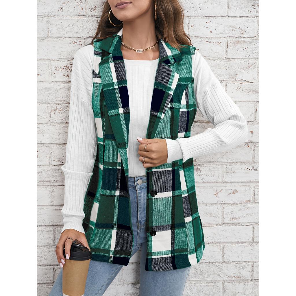 GMXIA Women's Vintage Casual Plaid Print Autumn Winter Sleeveless POLO Neck Jackets & Coats