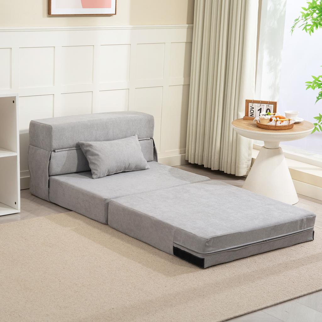 Floor Sofa, Upholstered Couch, Convertible Into Mattress, Foam, Cushion, Light Grey