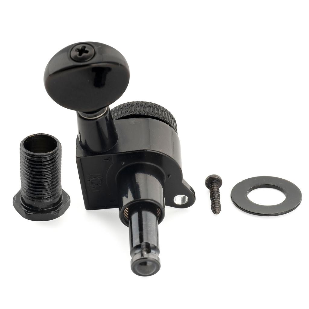 Musiclily Pro Locking Gear Vintage Oval for Stratocaster and Telecaster Electric Black Left-Handed 6-In-Line Tuners, 181 Ratio, Buttons, 45-Degree