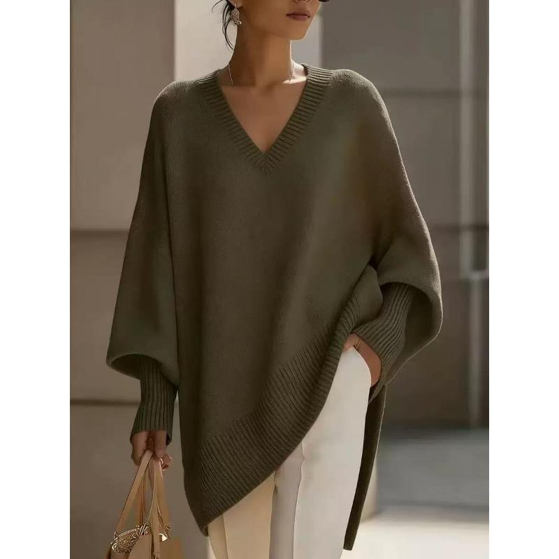 Damen S V-Ausschnitt Langarm Locker Einfarbig Strickpullover
