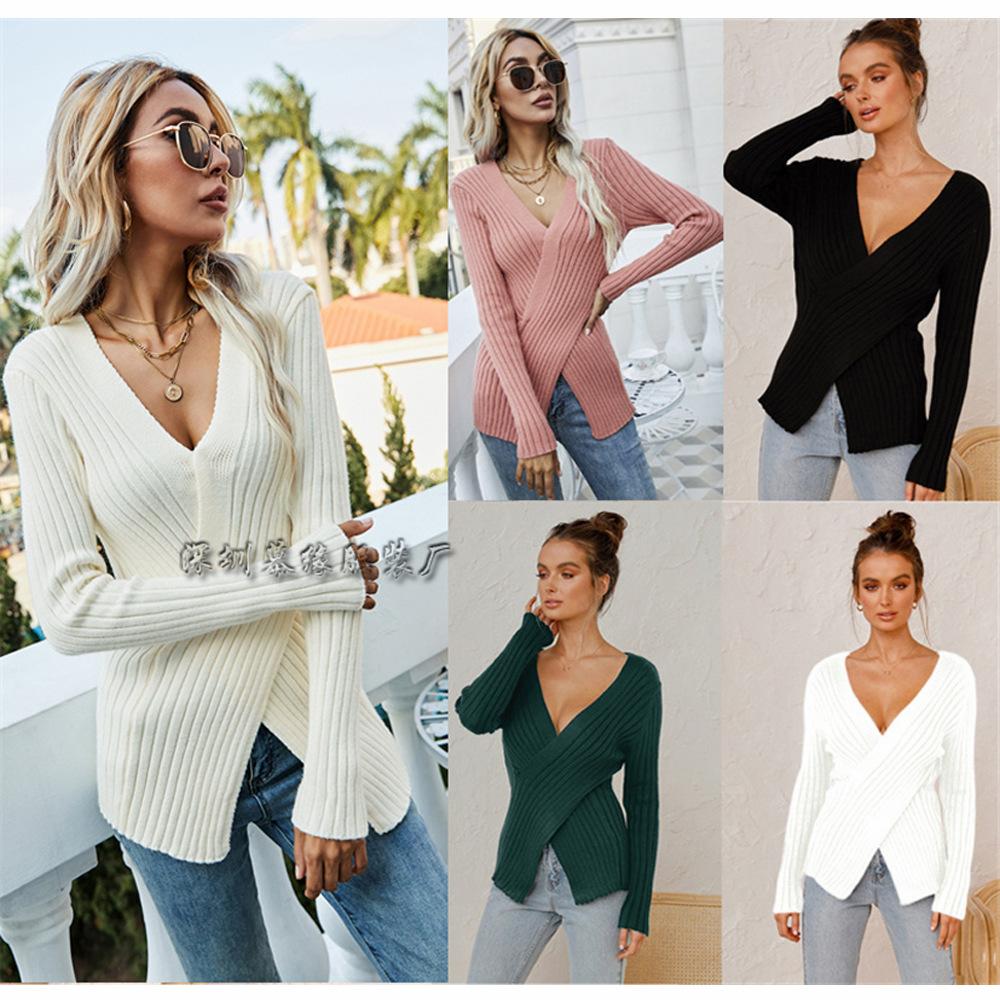 Solid Color Women's Clothing New Autumn and Winter Knitted Sweater Women's V-neck Pullover Crossed Sweater Women