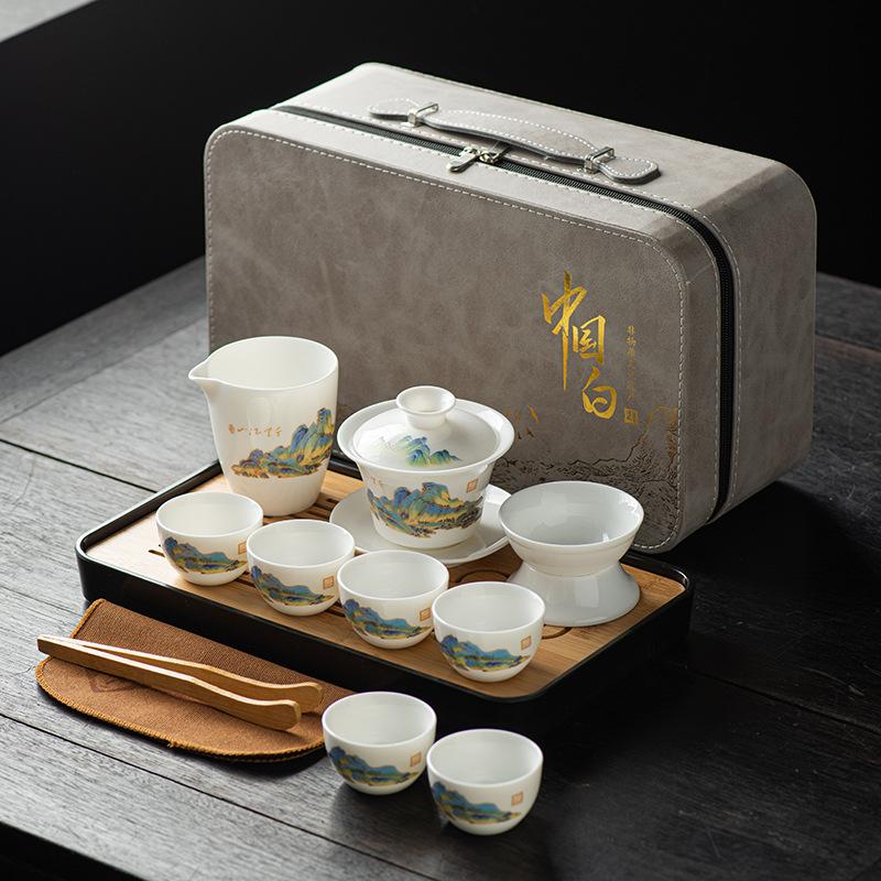 Suet jade tea set, white porcelain travel kung fu tea set, tea tray set, cover bowl teacup