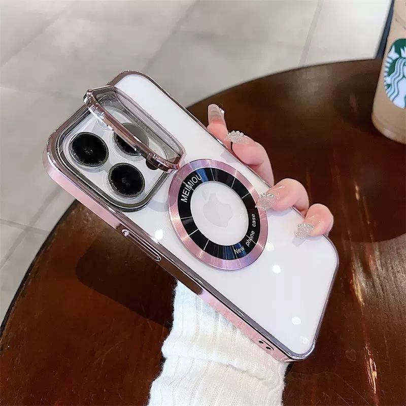 

Applicable To Apple 15 Electroplated Uncovered Protective Mirror Phone Case Full Cover Invisible Stand IPhone14 Magnetic Pc Protective Case iPhone15promax розовый