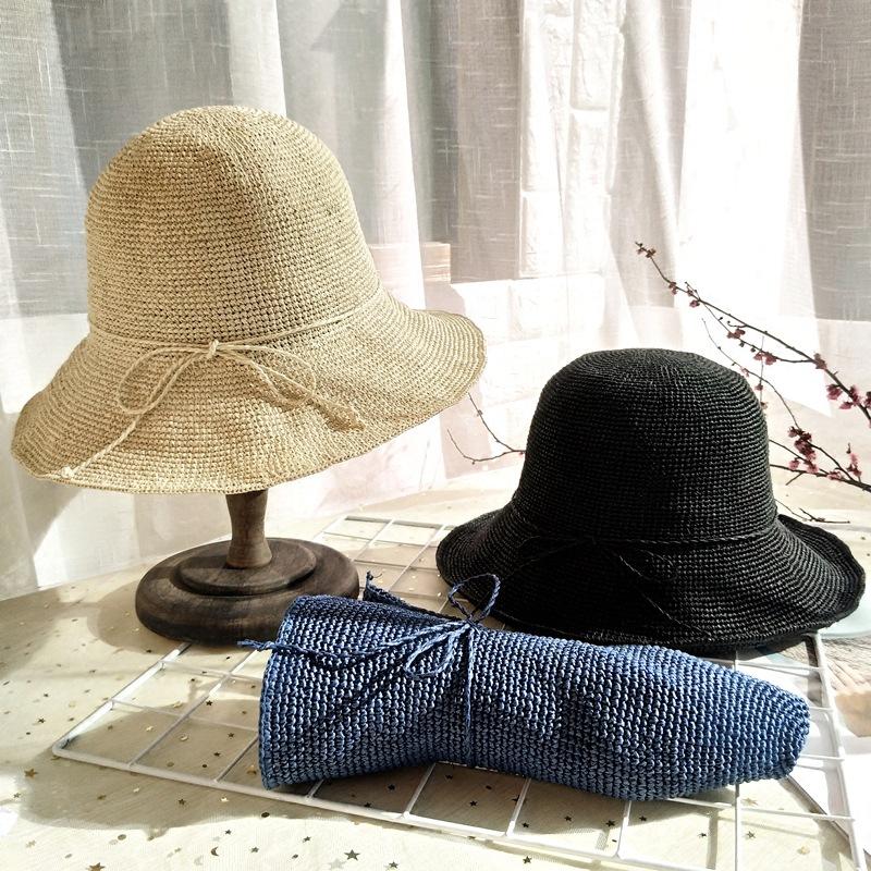 Women Fashion Summer Crochet Straw Cap Sun Protection Raffia Wide Brim Foldable Straw Hats