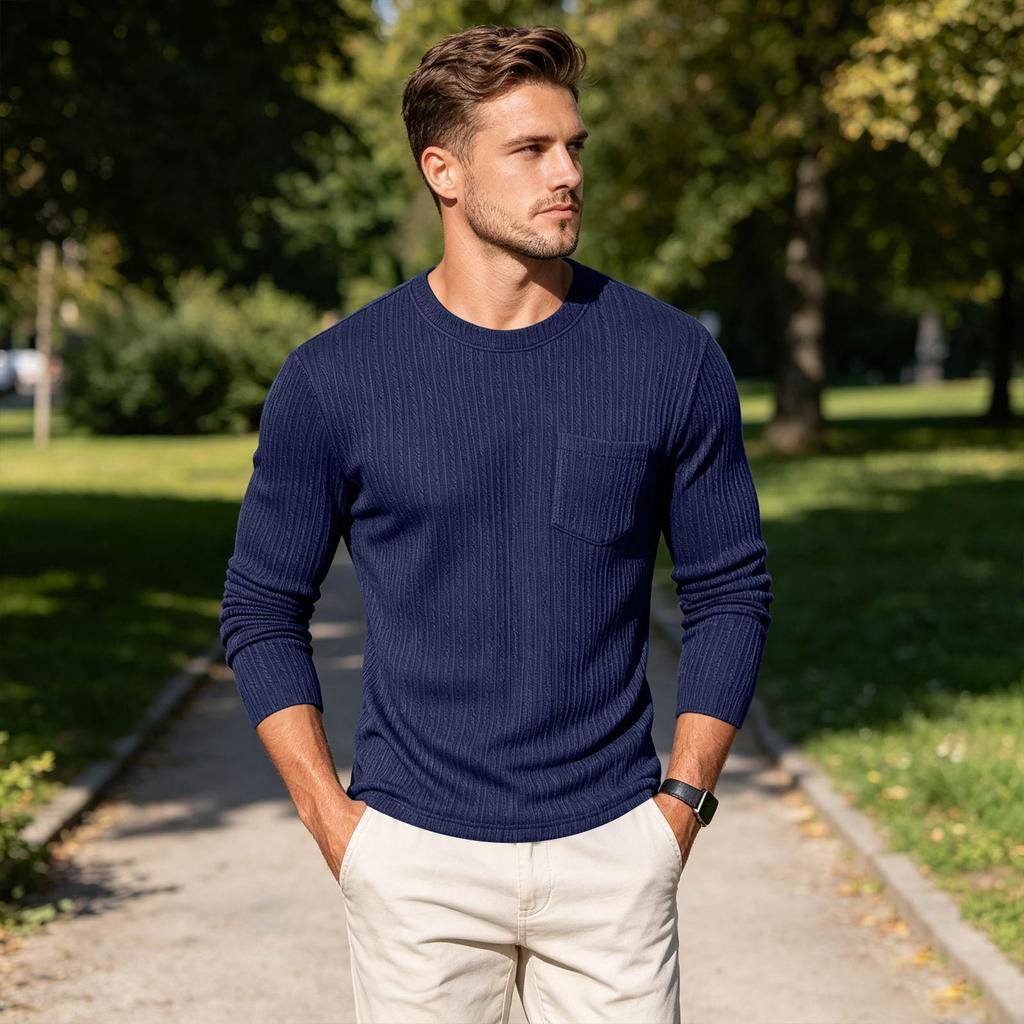Men's Round Neck Casual Color Knit Base Layer Shirt with Pocket for Everyday Layering