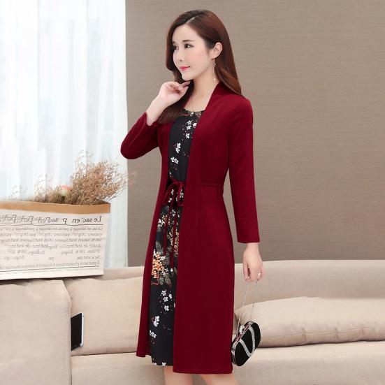 Sukienka z dekoltem O, długim rękawem, sznurowana w talii, dopasowana, elegancka, z nadrukiem w kwiaty, imitacja dwuczęściowego kardiganu, sukienka midi, odzież damska