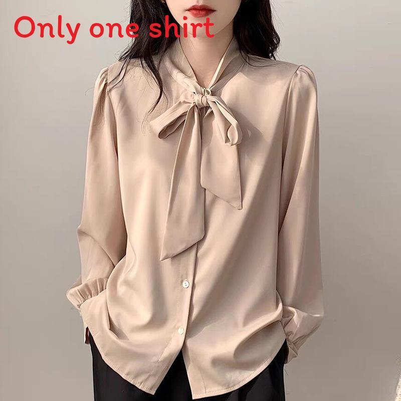 Blue Bowknot Shirt With Satin Fabric And Tie Detail For Office Women
