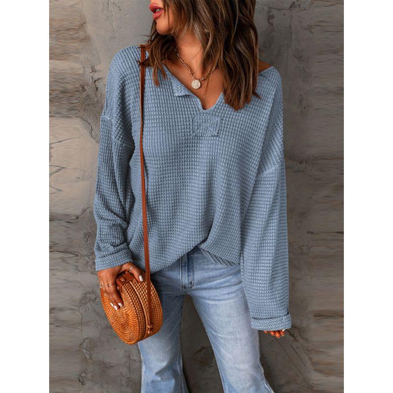 2024 Autumn Solid Color Waffle Knitting Long Sleeves T-shirt Female Fashion Drop-Shoulder Sleeve V-neck Casual Loose Pullover Female