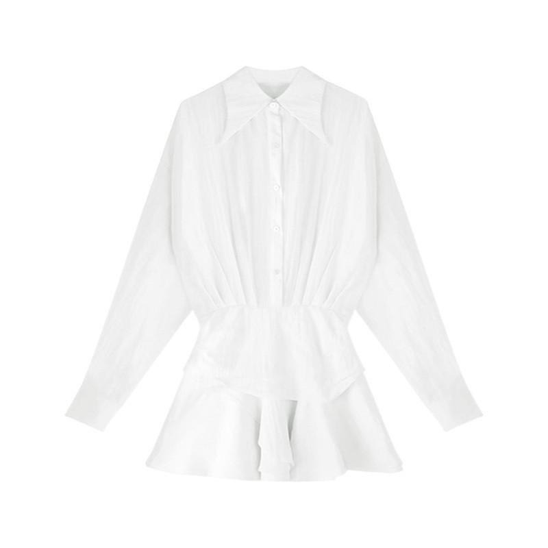 French white shirt dress women's early autumn new temperament high-end waist ruffle edge short skirt