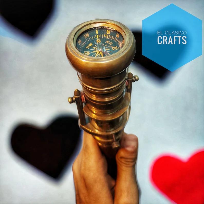 Brass Telescope Walking Stick Wooden Cane Handle With Compass Dollond London Art gift