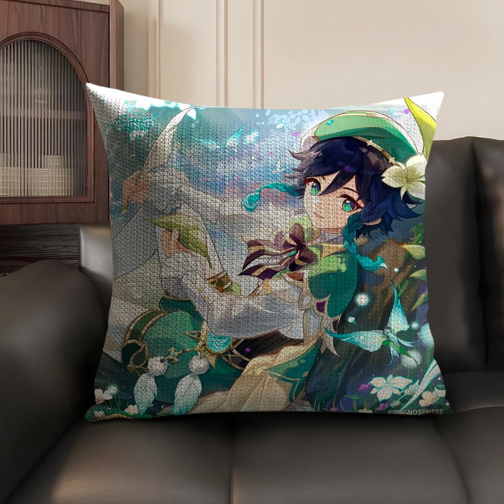 Venti Cute Genshin Impact Cushion Cover Natural Linen Organic Fabric DoubleSided Printing Sofa Home Decor Gift Pillow Case