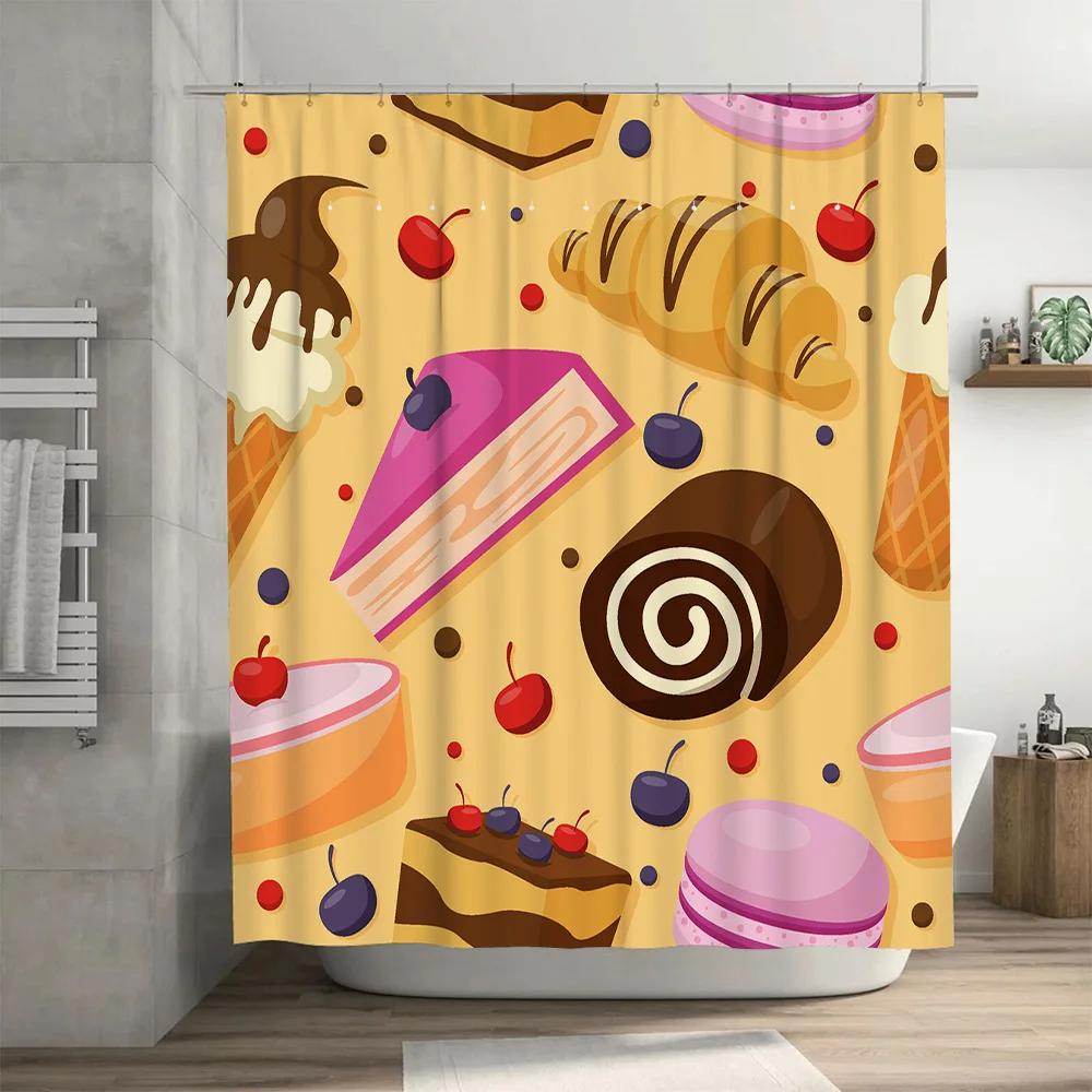 Delightful Dessert Shower Curtain For A Sweet Bathroom, Featuring Whimsical Illustrations Of Croissants, Cakes, Macarons