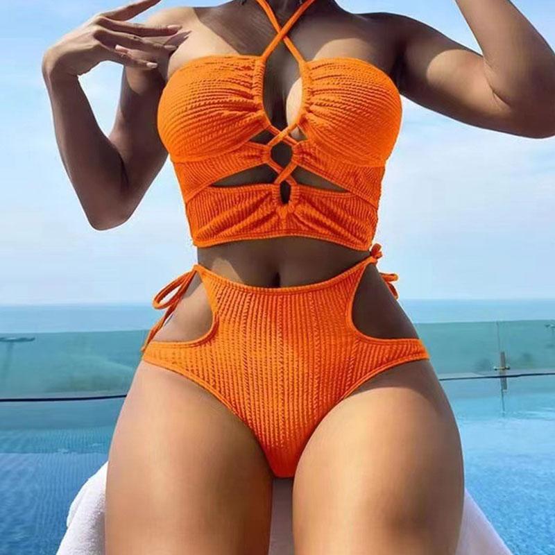 

Жаркий женский сексуальный однотонный комплект бикини с высокой талией, летняя мода, пляжная вечеринка, пуш-ап S