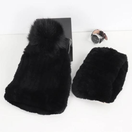New Fashion Knitted Good Elastic Real Fur Scarf Hat Sets Women Winter Warm Natural Rex Rabbit Fur Scarves Hats Sets