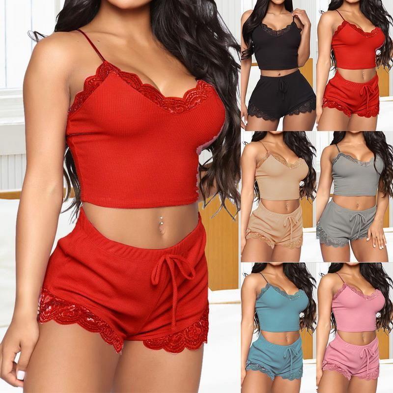 New Arrival Women's Export Pajamas Pure Color Suspenders Pullover Lace Lace Homewear Plaid Sexy Pajamas Two-piece Set