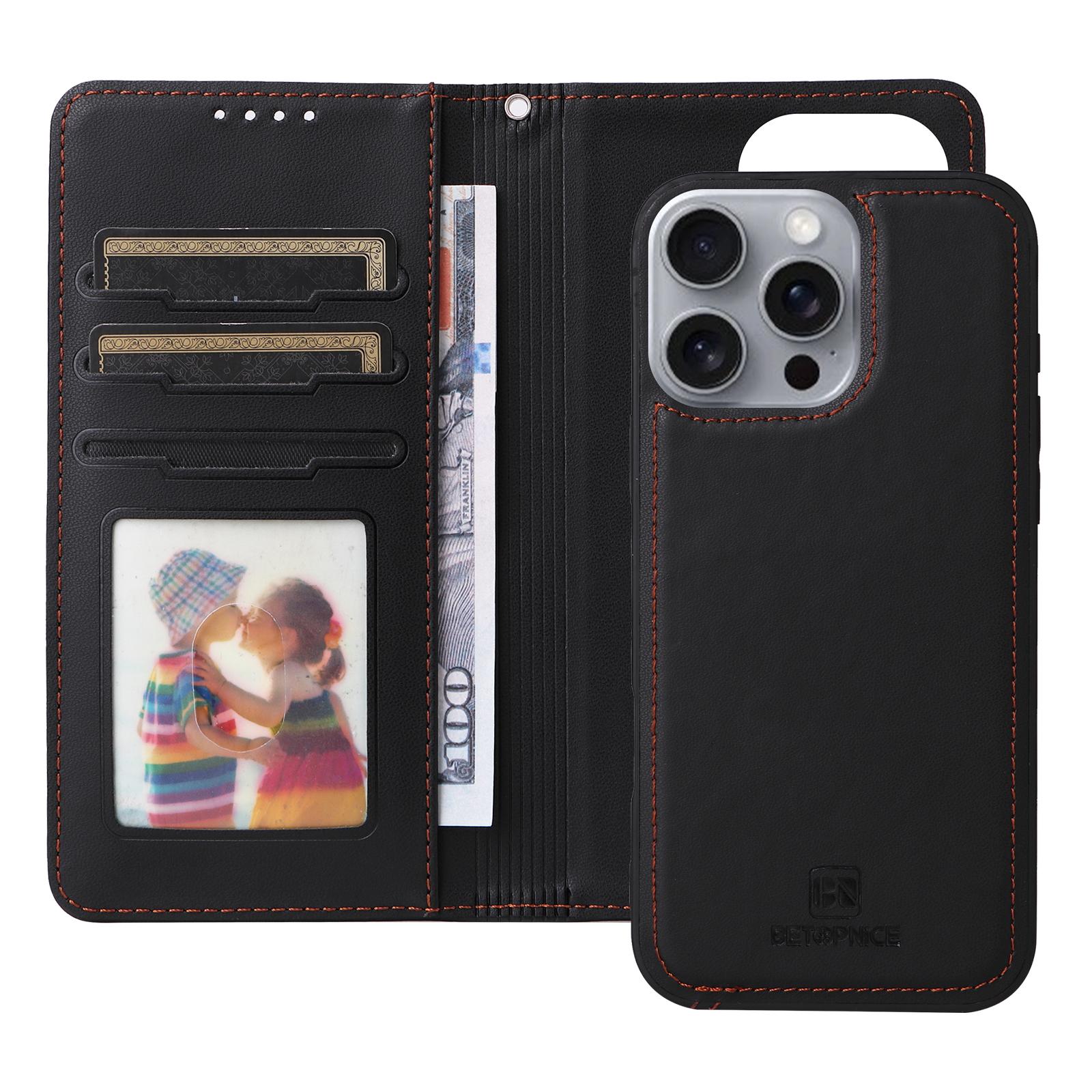 

For iPhone 16 Pro Max Magnetic Case BETOPNICE Detachable PU Leather Phone Cover with Strap Brown