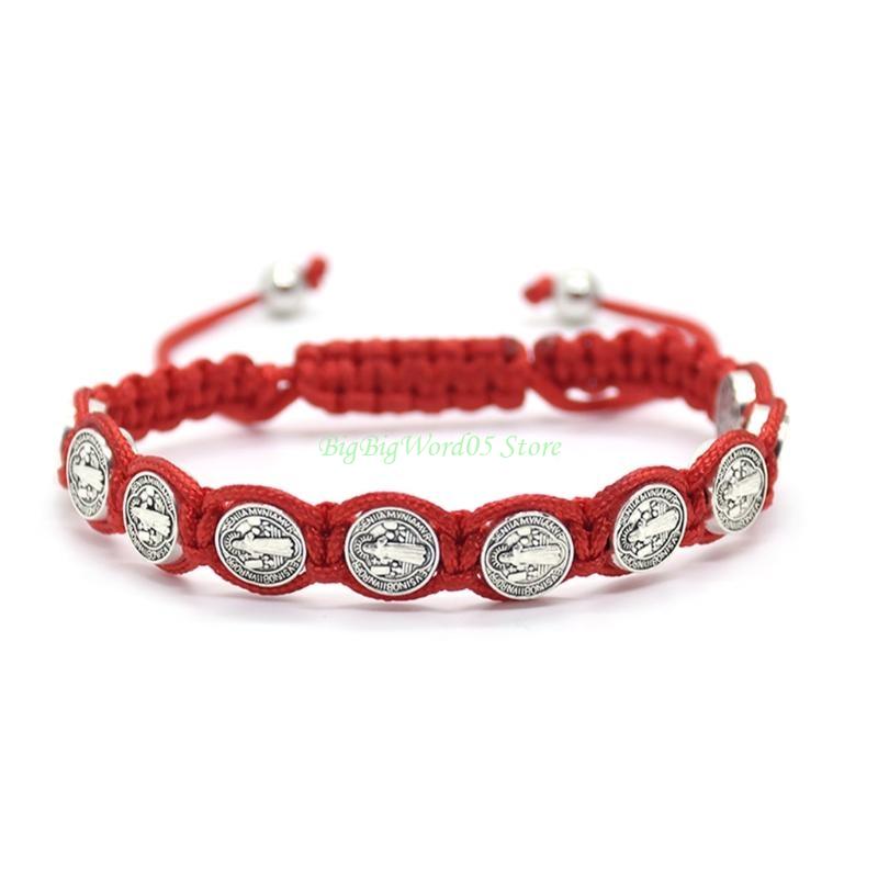 

24TE Hand Woven Rosary Bracelet Adjustable Wristband Chain Prayer Blessing Bracelets Holy Father Catholic Jewelry for Men Women червоний